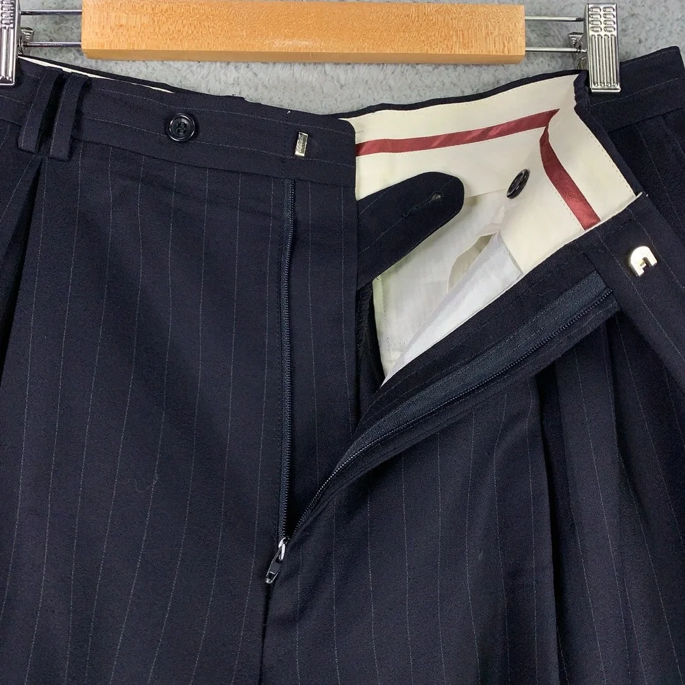 Canali Dress Pants Mens IT 54 US 33x28 Navy Pinstriped Wool Pleated Cuffed Italy